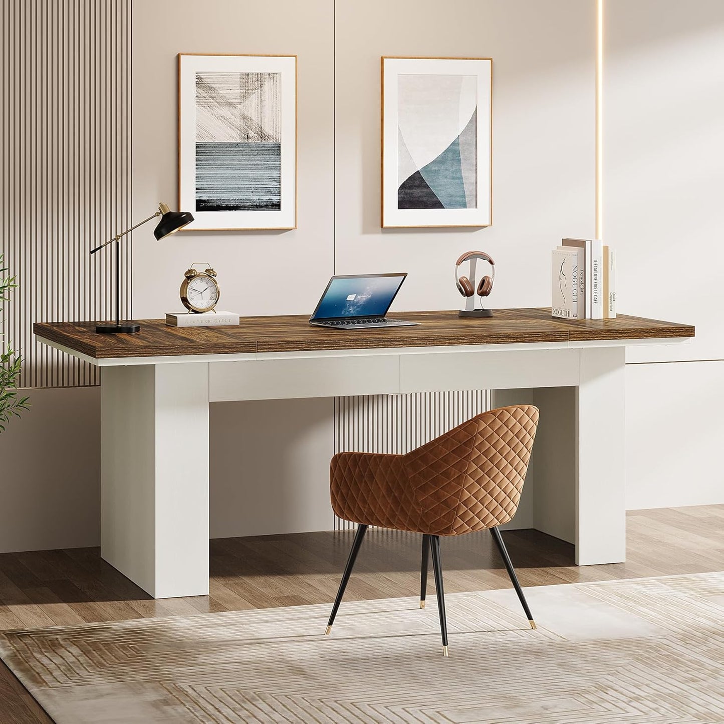 Tribesigns 63" Executive Office Desk, Modern Computer Desk for Home Office, Easy Assembly, Brown and White