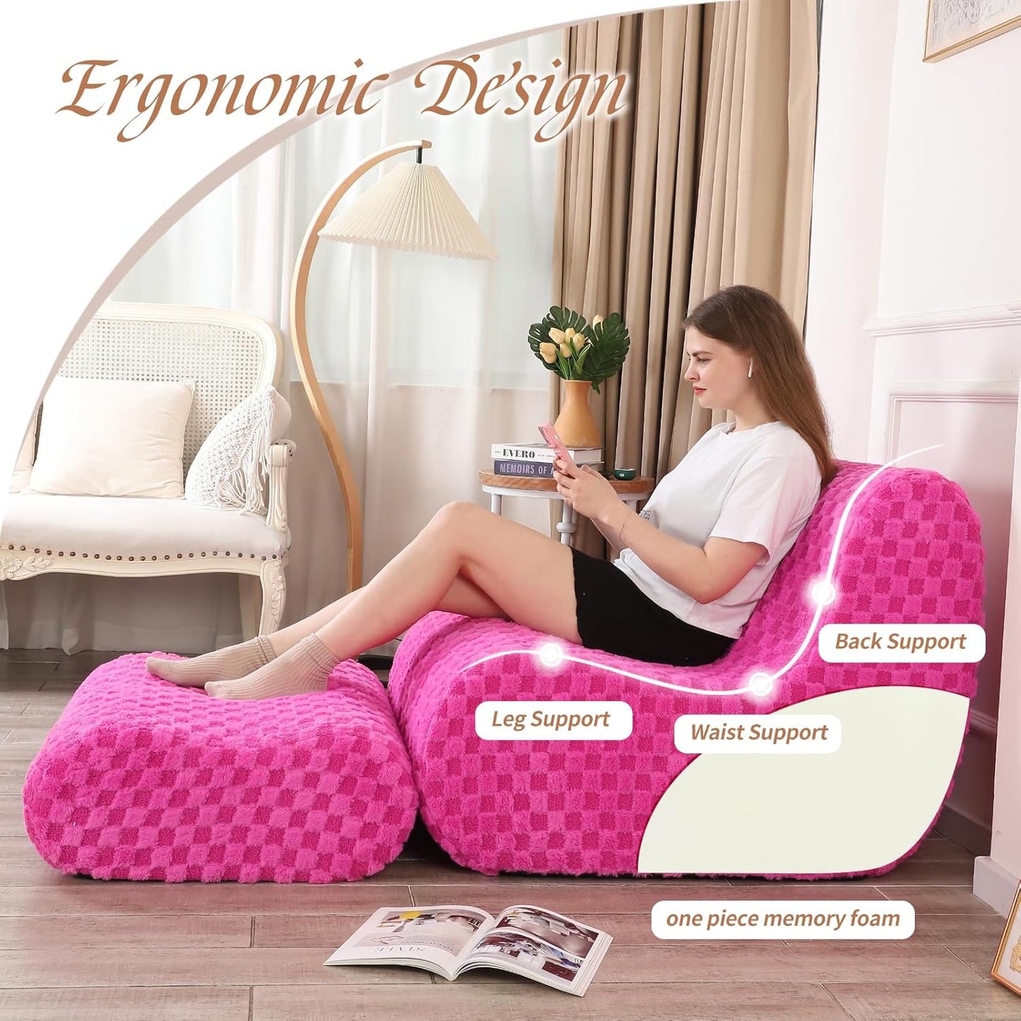 Accent Bean Bag Chair with Footstool, Modern Lazy Sofa Chair with Comfy Jacquard Shaggy Plush, Pink