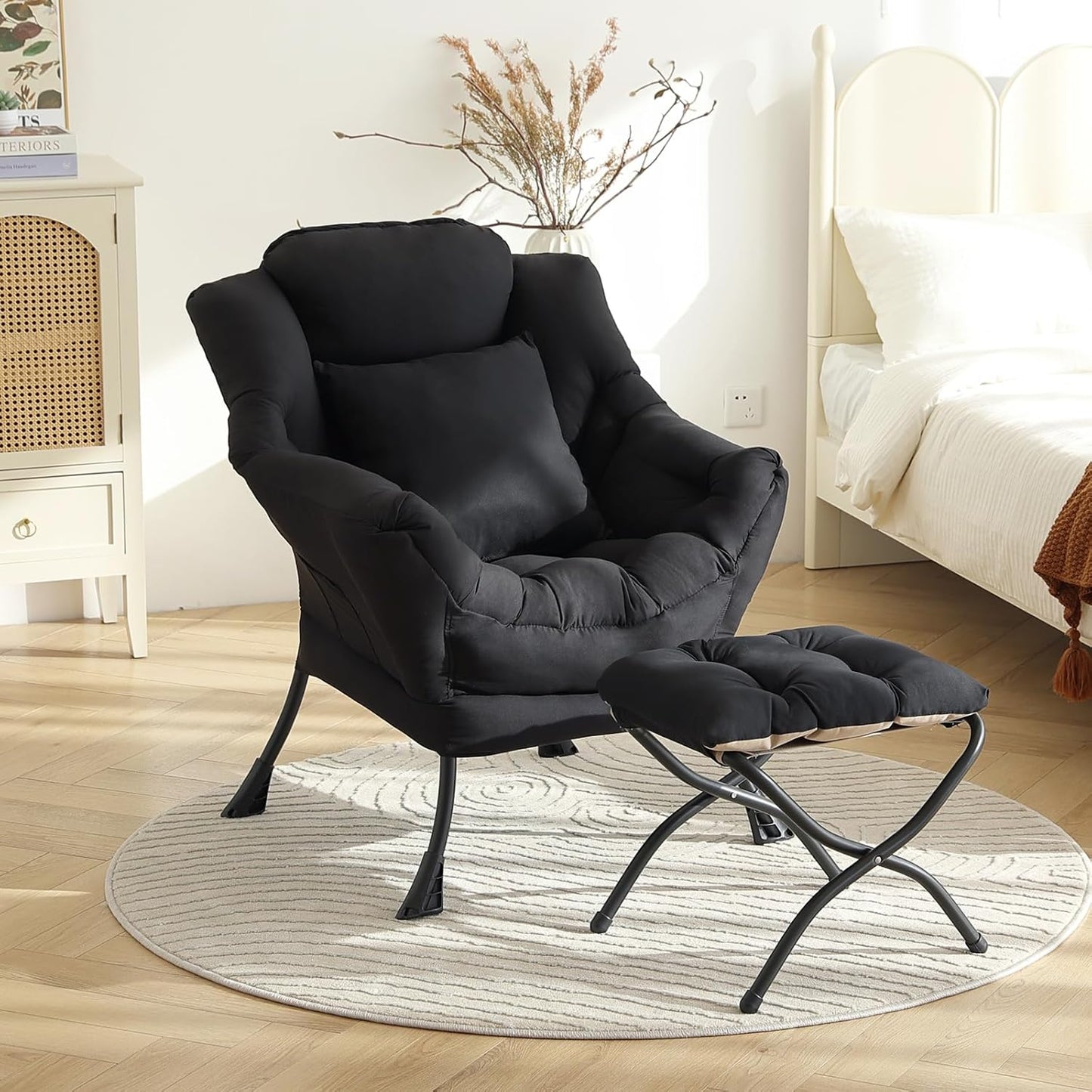 Lazy Chair with Ottoman, Modern Lounge Accent Chair with Armrests and a Throw Pillow, Leisure Sofa Chair Set, Reading Chair with Footrest for Living Room, Bedroom, Dorm Room, Midnight Black