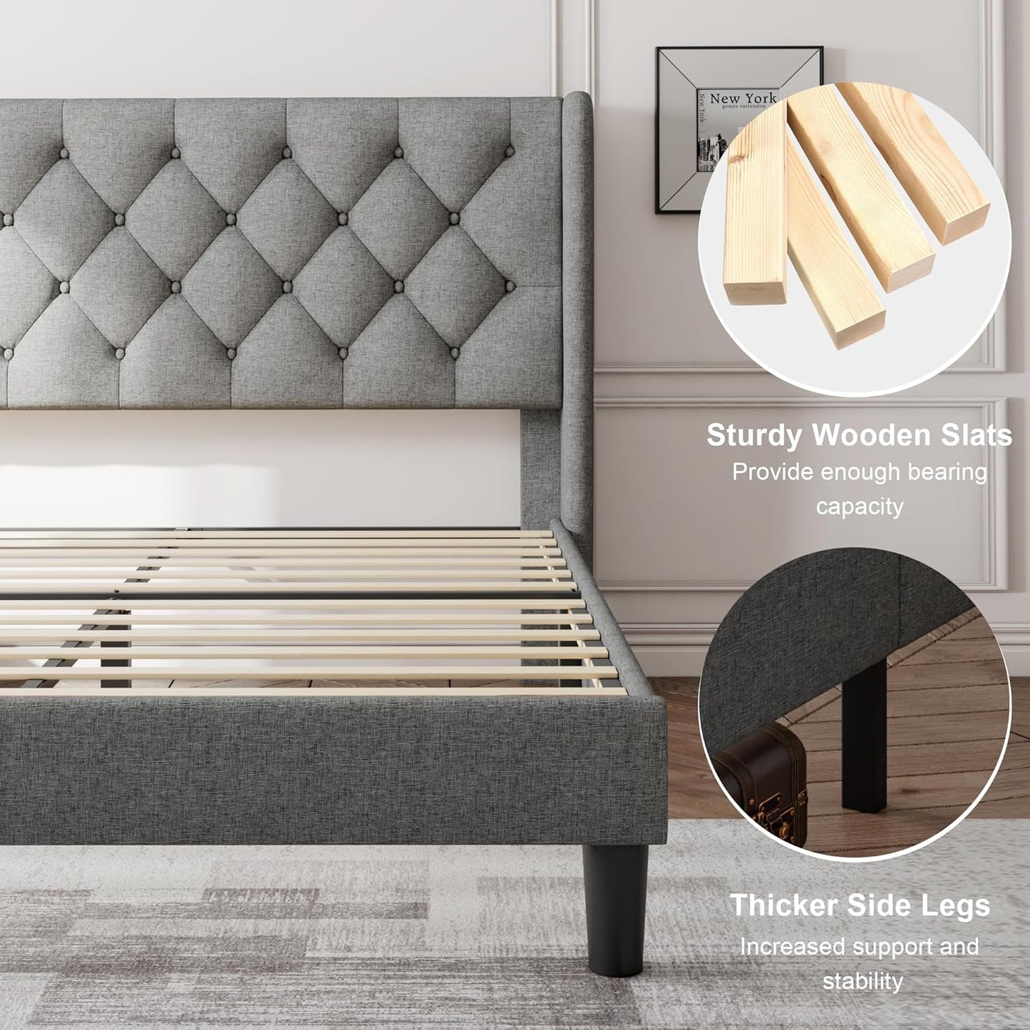 Feonase Queen Bed Frame with Upholstered Wingback Headboard, Platform Bed and Heavy Duty Wooden Slats Support, Easy Assembly, Noise-Free, No Box Spring Needed, Light Gray
