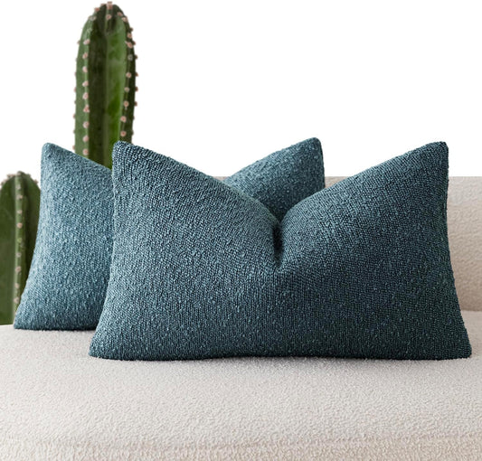 Foindtower Pack of 2 Textured Boucle Throw Pillow Covers Accent Solid Decorative Lumbar Pillow Cases Cozy Couch Cushion Case for Chair Sofa Bedroom Living Room Home Decor 12x20 Inch Misty Blue