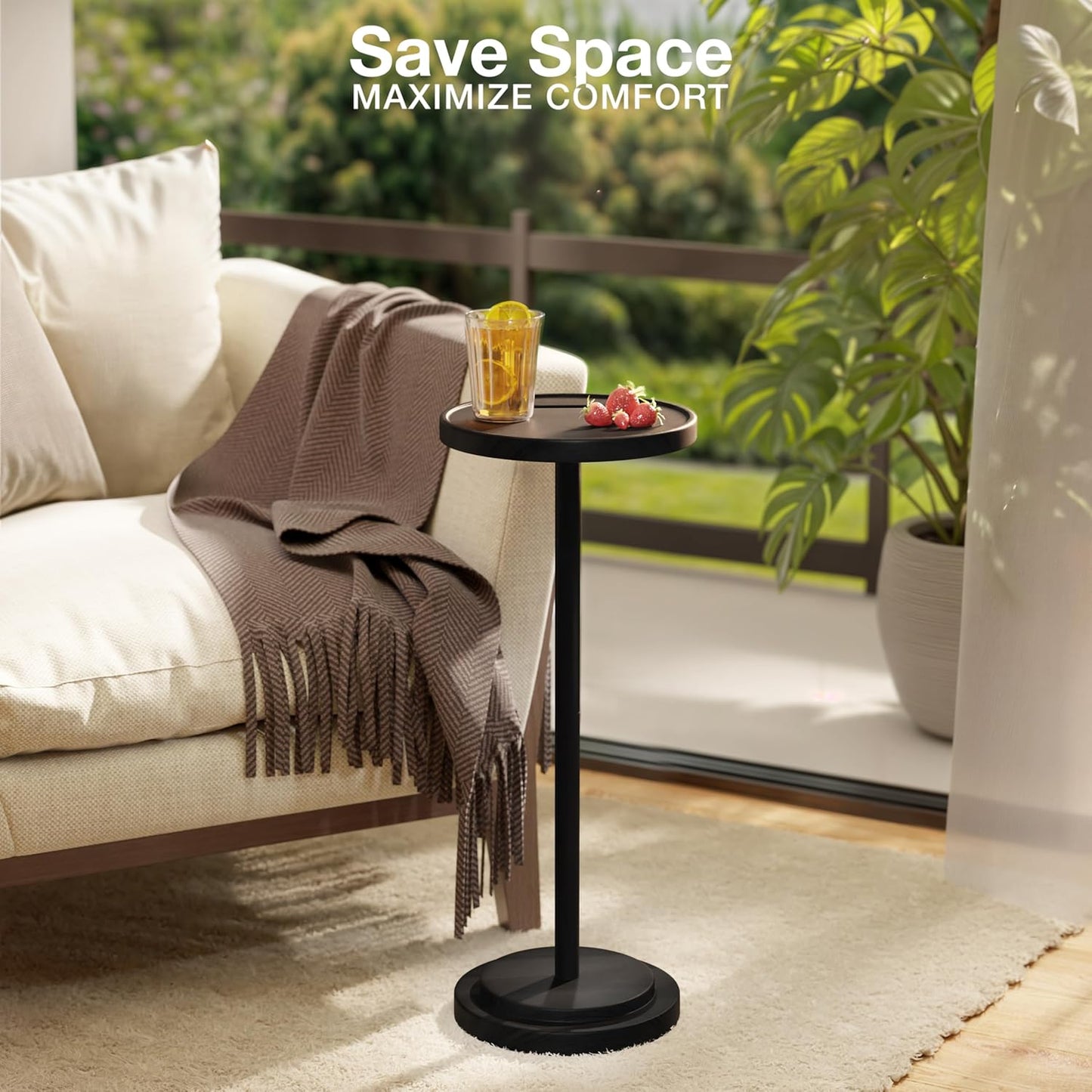 Drink Table, 24.4" Tall Compact Side Table with Phone Slot and Weighted Base, Durable Pedestal Table Accent for Living Room (Stepped Base, Black)