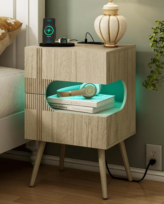 Nightstand with Charging Station and LED Lights,Modern Bedside Table with 2 Storage Drawer,Night Stand with Solid Wood Legs,White (Grey Osk)