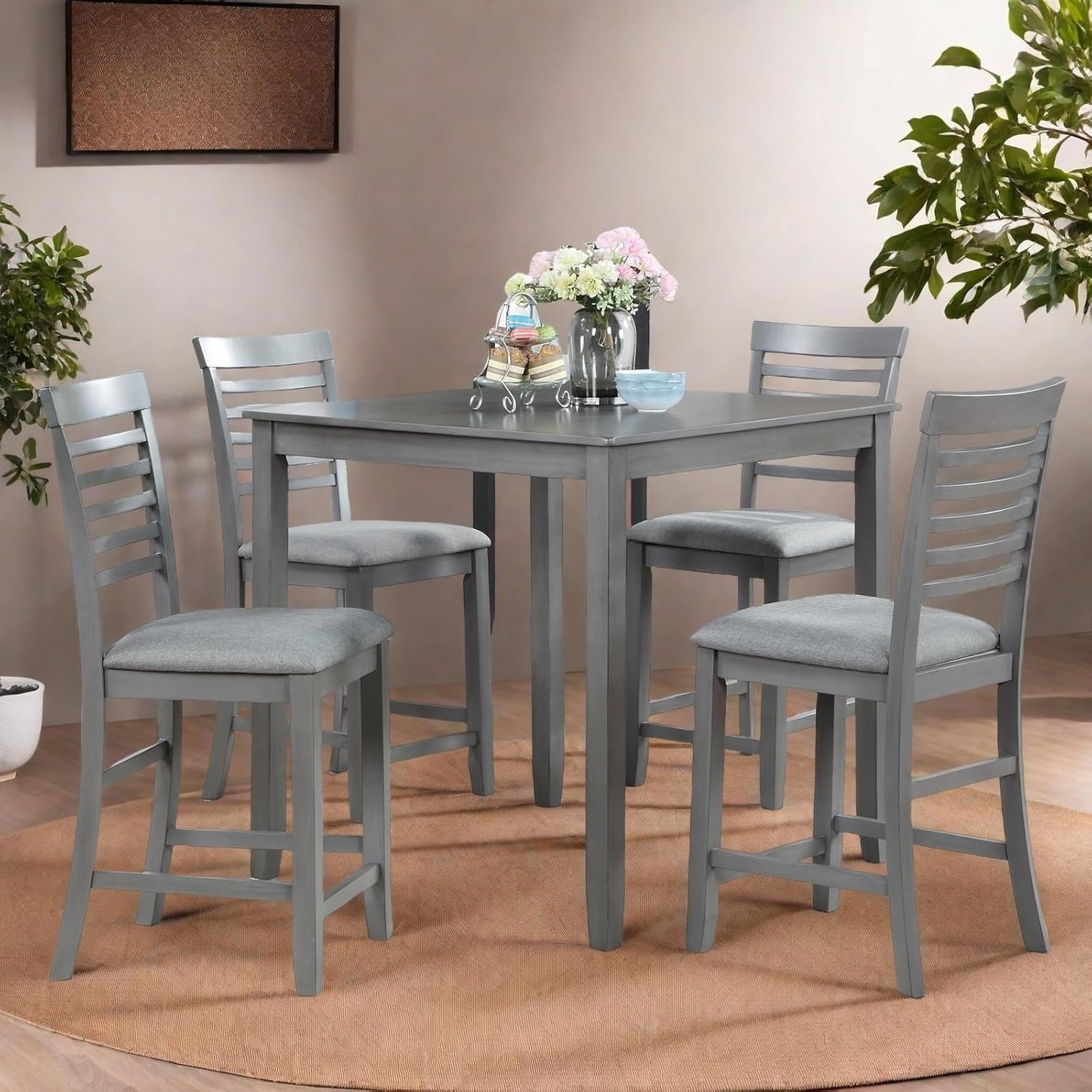 Dining Table Set for 4, Modern 5 Piece Dining Room Table Set with Square Table & 4 Ladder Backrest Upholstered Chairs, Counter Height Kitchen Chairs Set for Small Space, Gray