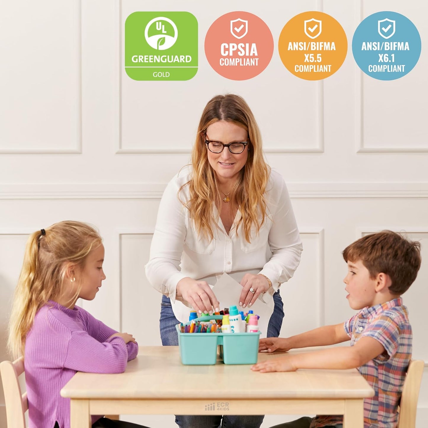 ECR4Kids 30in x 30in Square Hardwood Table and Chair Set, 12in Seat Height, Kids Furniture, Antique White