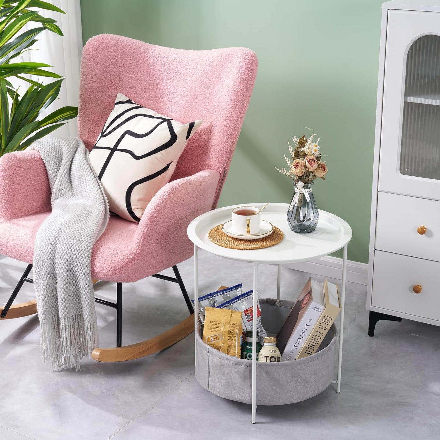 VECELO Round Side/End Table with Fabric Storage Basket，Metal Anti-Rust and Waterproof Small Bedside Nightstand with Removable Tray Top for Living Room，Balcony & Laundry，Beige/2pcs with Basket