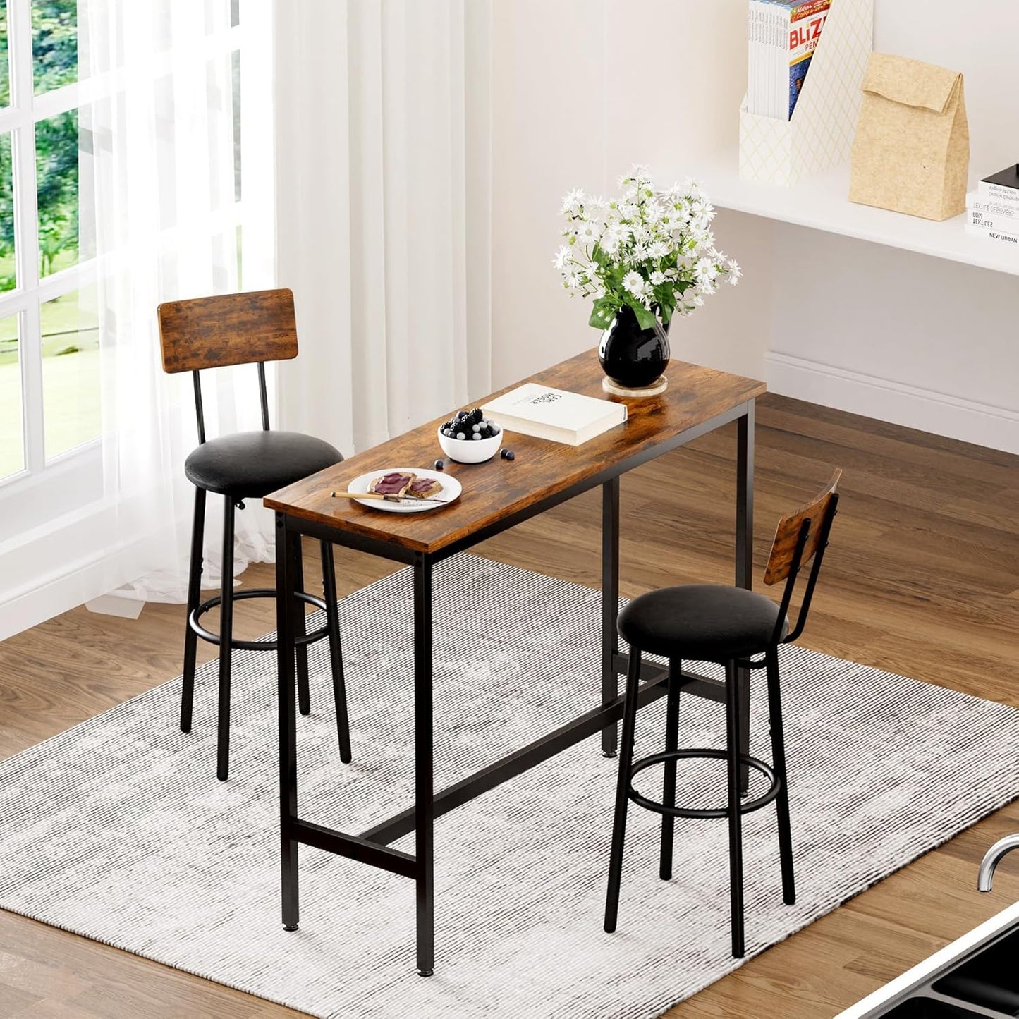 Bar Stools with Back, High Kitchen Barstools with Back, Counter Stools Bar Chairs with Backrest, Footrest, Industrial Seat for Dining Room Kitchen Bar (Rustic Brown and Black) BS-003RBV1