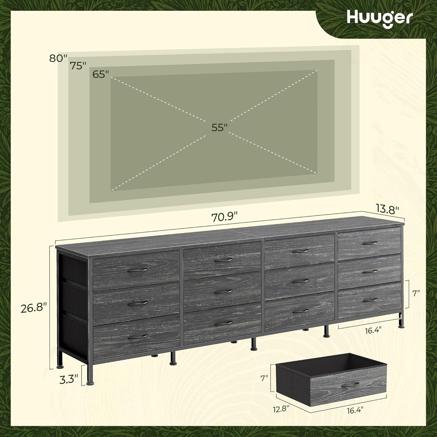 Huuger 70 Inch Dresser for Bedroom, TV Stand for 65, 75, 80 Inch TV,12 Fabric Drawer Long Dresser, Large Storage Organizer Unit, Chest of Drawer for Bedroom, Charcoal Black Wood Grain Print