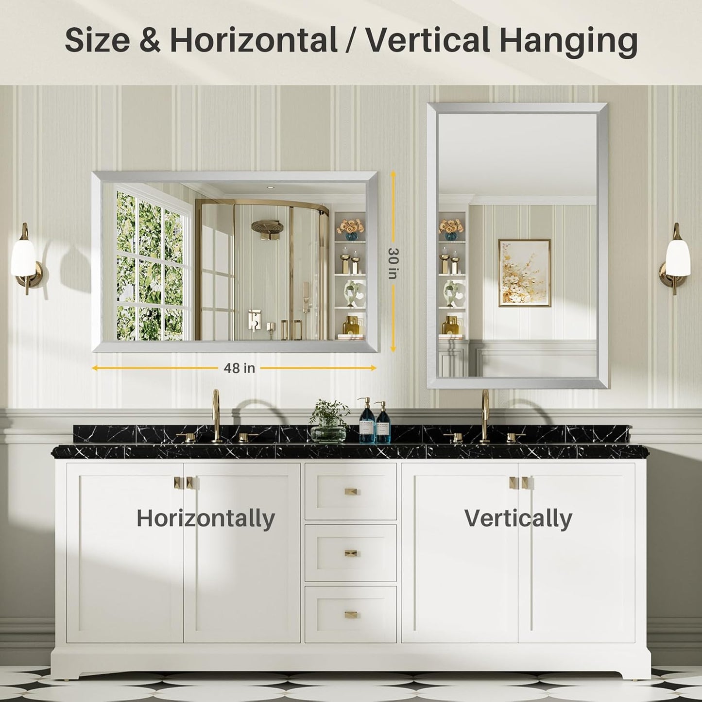 48x30 Inch Silver Bathroom Mirror for Wall, Thick Metal Framed Rectangle Mirrors for Over Sink, Bedroom, Living Room, Entryway, Anti-Rust, HD Tempered Glass