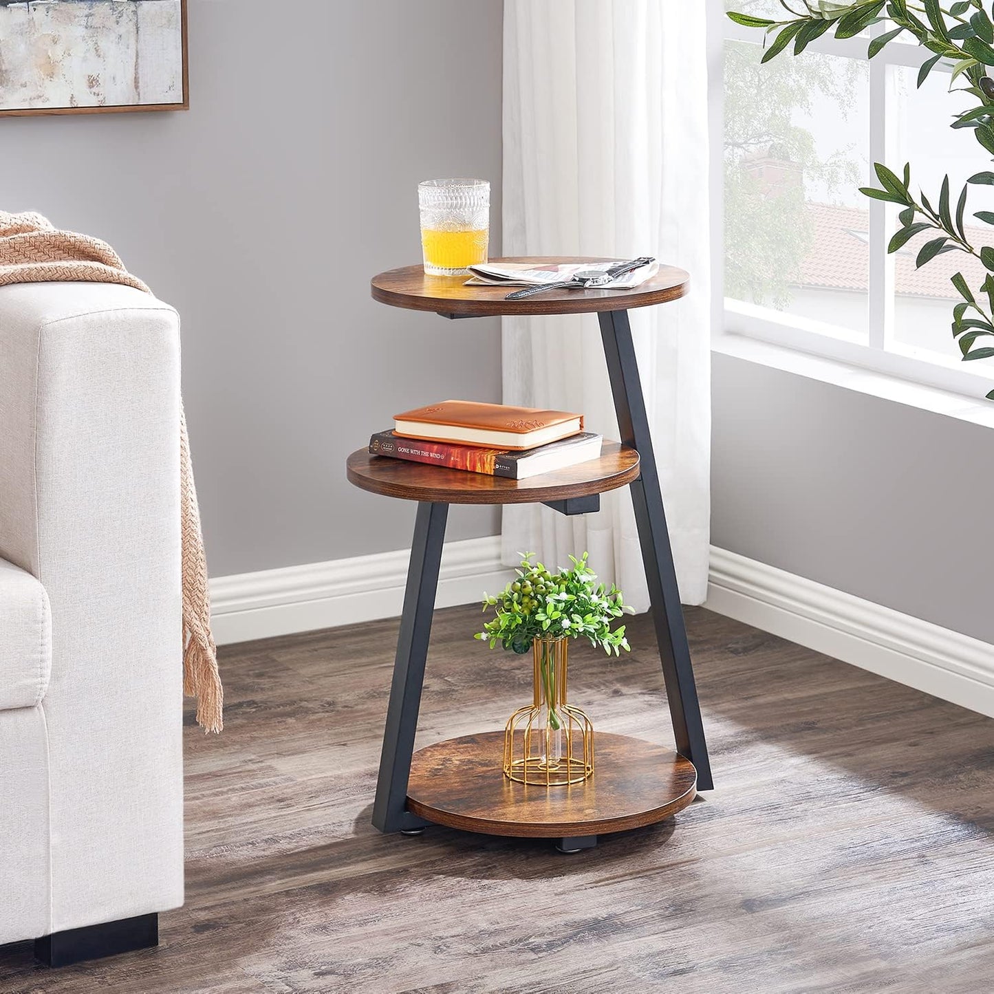 BEWISHOME Round End Table Side Table with Metal Frame, Accent Nightstand Bedside Table with 3-Tier Shelves, Small Couch Coffee Table for Living Room Bedroom Rustic Brown KTZ41Z