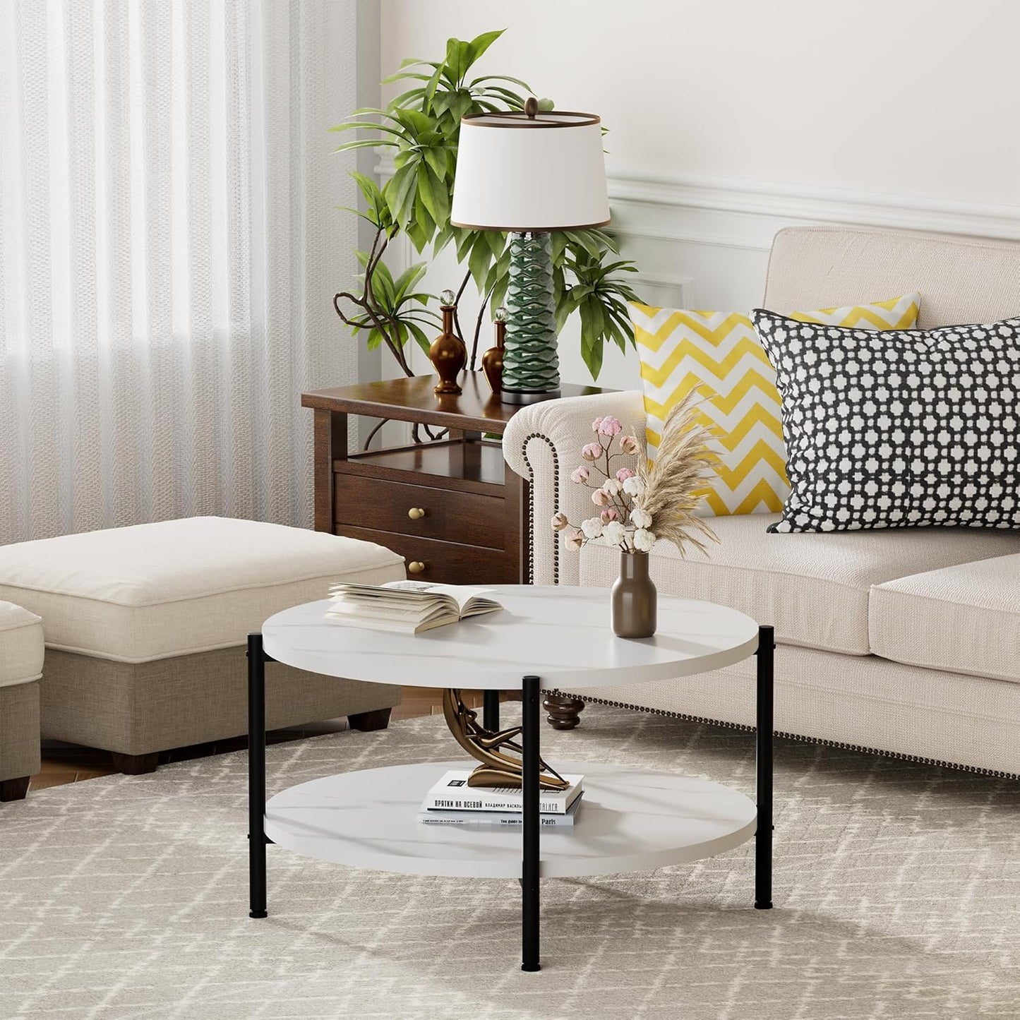 Round Coffee Table, 27.6" Circle Coffee Table for Living Room, 2-Tier Wood Accent Center Table with Open Storage Industrial Design Home Furniture, White