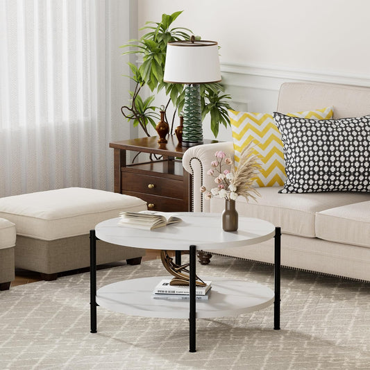 Round Coffee Table, 27.6" Circle Coffee Table for Living Room, 2-Tier Wood Accent Center Table with Open Storage Industrial Design Home Furniture, White