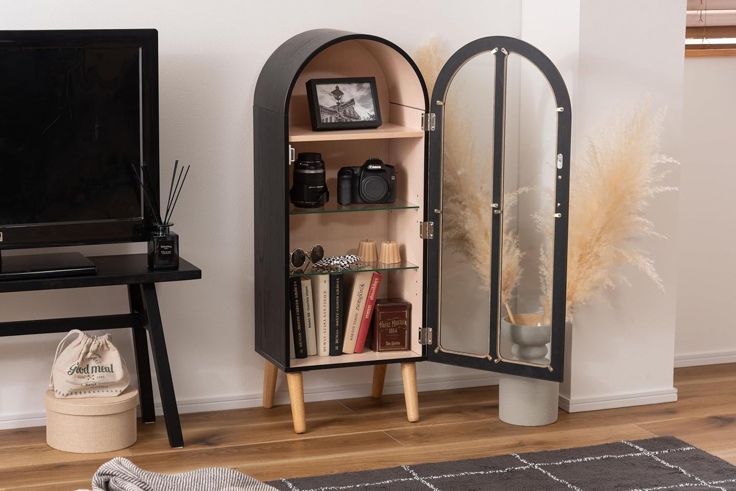 PaletteLife Arched Figurine-Case 4 Tier Collection Shelf, Oak Wood Grain with Glass Door and 2 Movable Glass Shelves, No Mirror, White, PT-621WH