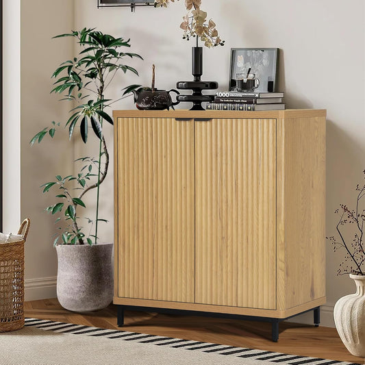 Buffet Cabinet with Storage Accent Sideboard Modern Credenza with 2 Doors & 3 Shelves Fluted Media Console for Living Room Kitchen Dining Room Hallway (Natural Oak)
