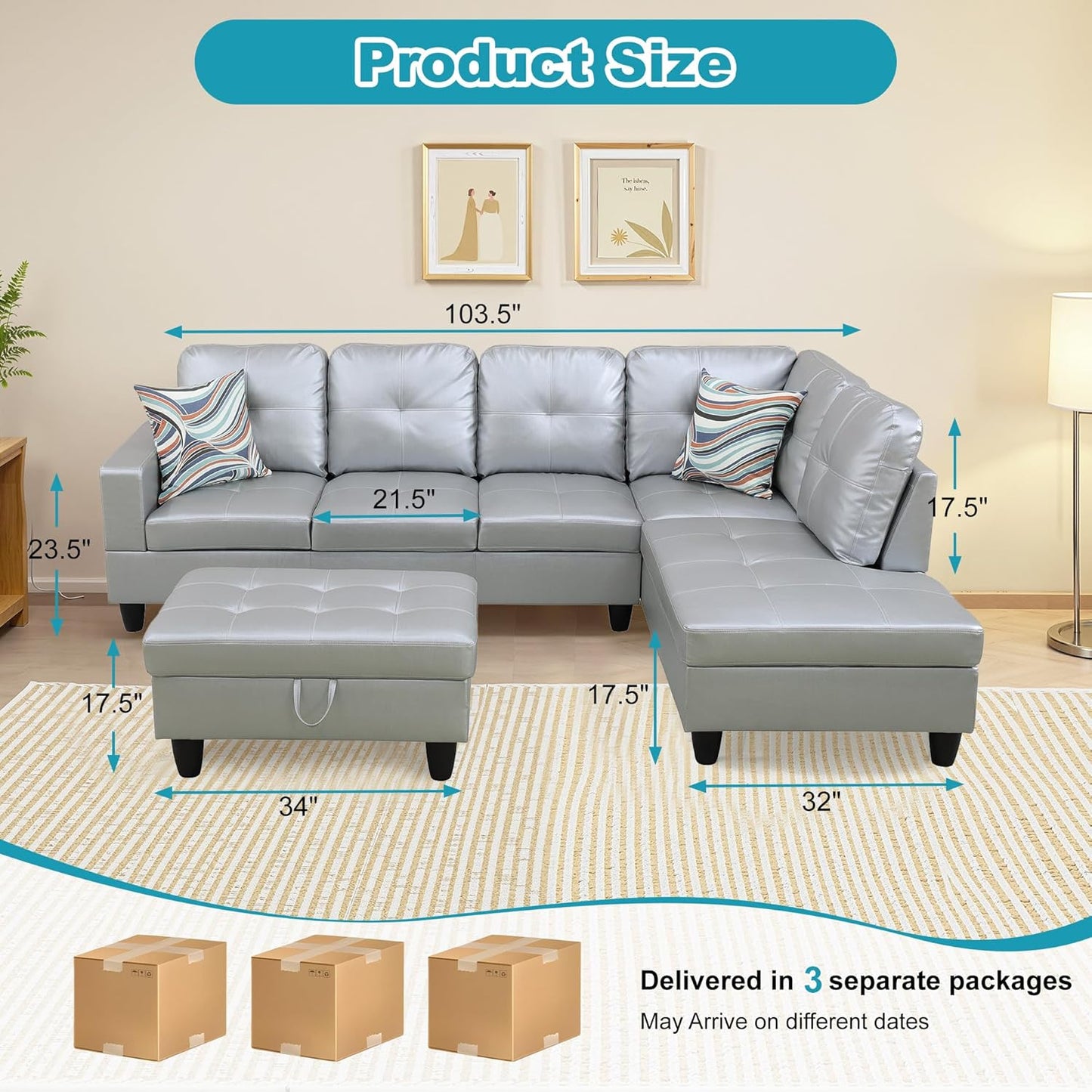 Couches for Living Room PU Leather L Shaped Couch Comfy 3 Pieces Sectional Sofa with Chaise, Ottoman with Storage for Office and Small Apartment, Silver