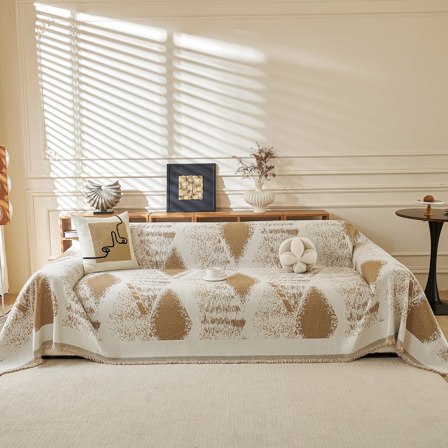 MYSKY HOME Sectional Couch Cover Khaki Geometric Rhombic Sofa Covers for Sectional Sofa L Shape Chenille Couch Protector for Dogs Pets Couch Throw Cover Washable Durable for Home Decor, 71" X118"