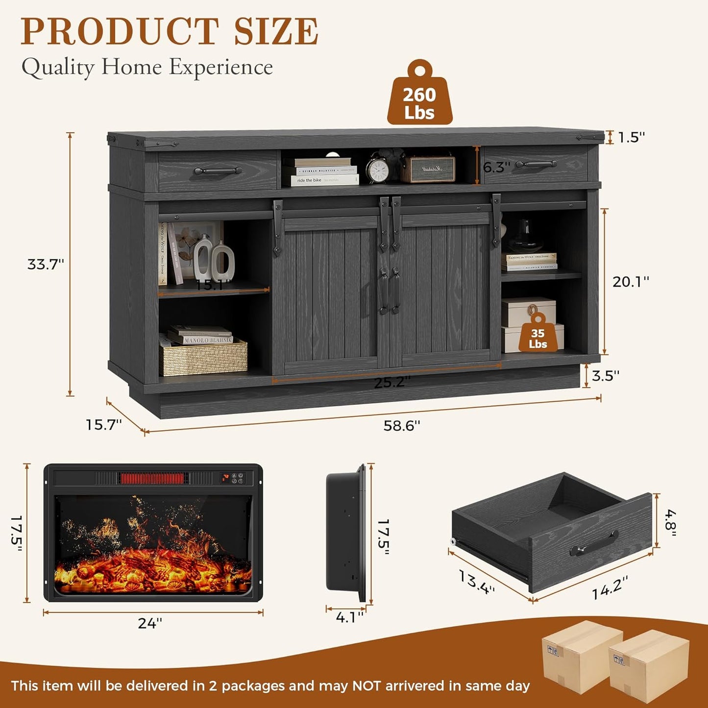 59'' Fireplace TV Stand with 3D Flame Electric Fireplace Heater, 34'' Tall Farmhouse TV Stand for 65 Inch TV, Entertainment Center TV Console with 2 Drawers, Sliding Barn Door for Living Room - Black