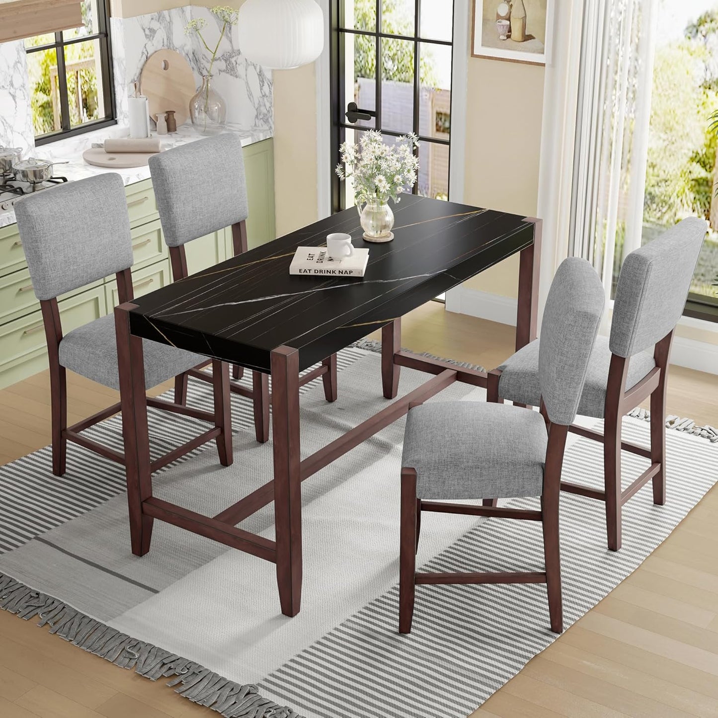 Ball & Cast 5-Piece Dining Table Set for 4,Kitchen Table Set W/Faux Marble Bar Table,Counter Height Living Room Furniture W/ 4 Upholstered Chairs,for Dining Room,Pub Kitchen,Small Place,Black+ Gray