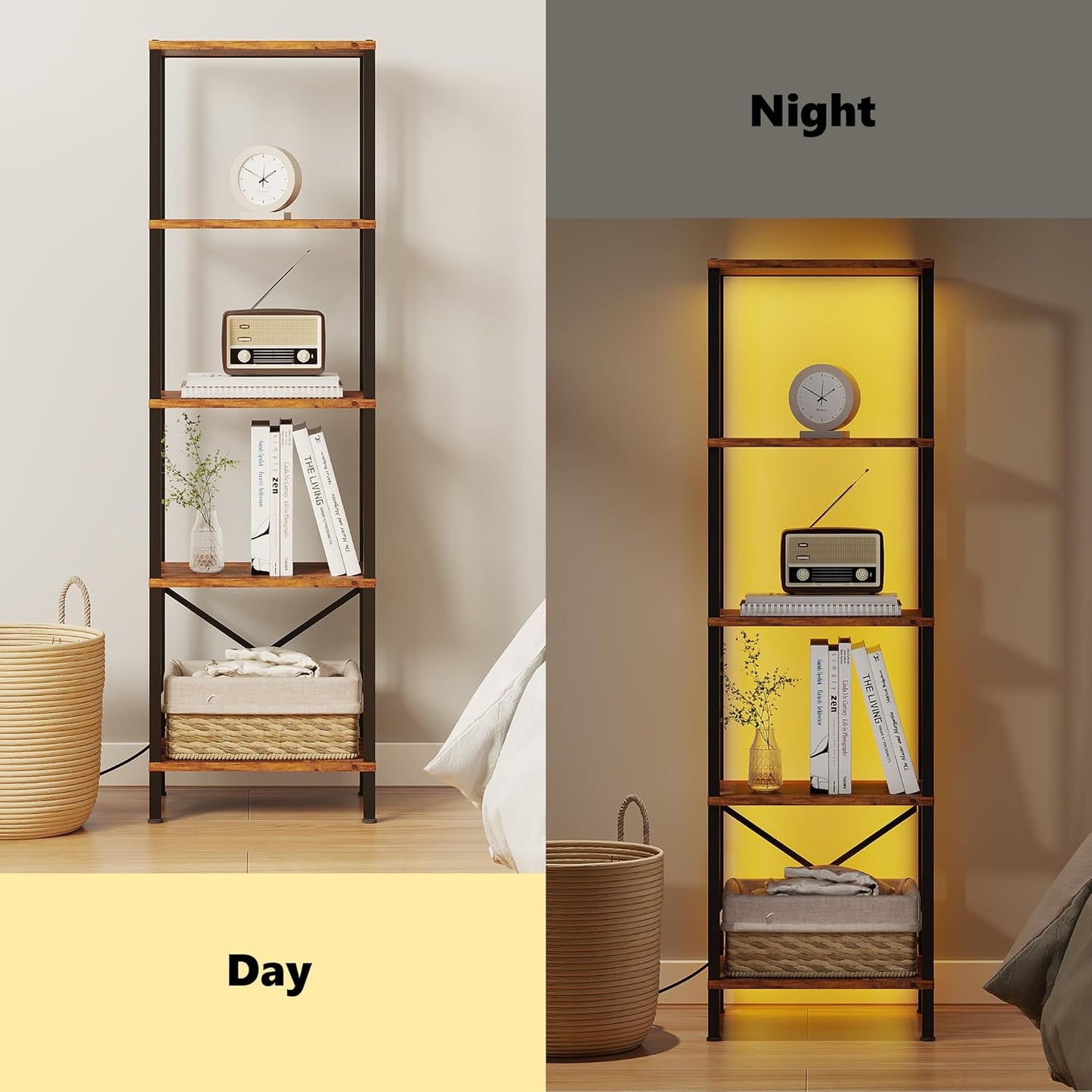 5-Tier Bookshelf, Tall Narrow Bookcase with LED Lights, Book Shelf with Steel Frame, Office Furniture, Display Storage Shelf for Living Room, Bedroom, Study, Balcony, Rustic Brown