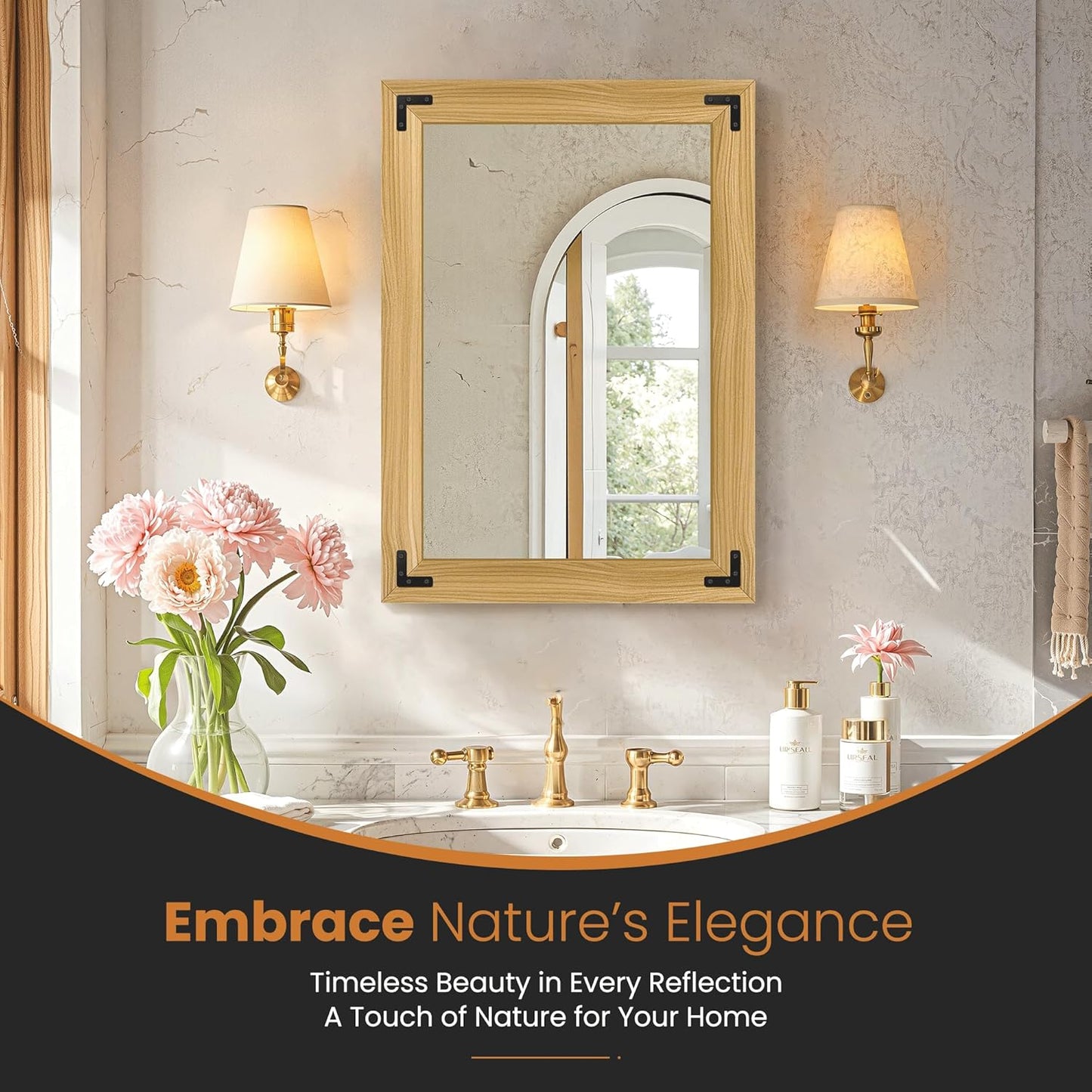 Bathroom Mirror for Wall with Wooden Frame, 20"x28" Solid Wood Vanity Mirror for Farmhouse, Bathroom, Bedroom, Vertical or Horizontal Hanging(Natural)