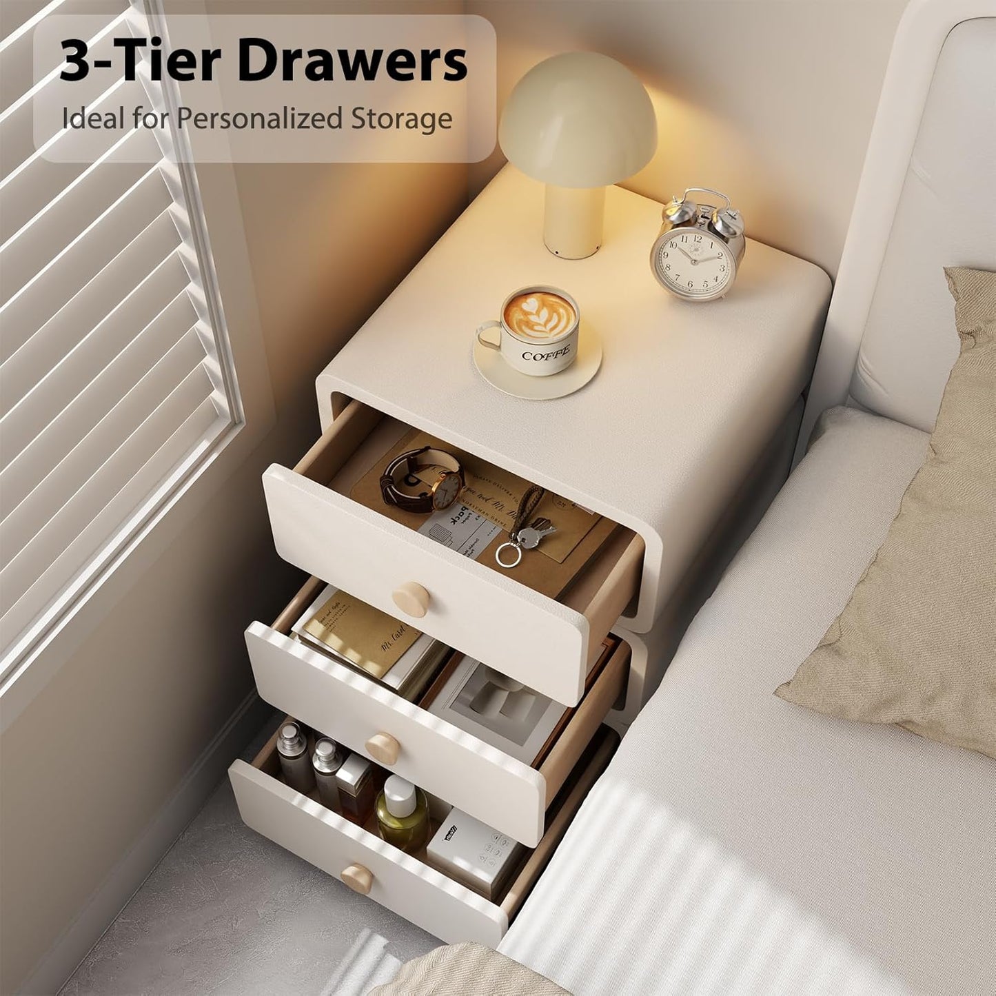 White Night Stand, Narrow Nightstand with Drawers, Modern Nightstand for Bedroom, Dorm and Living Room.