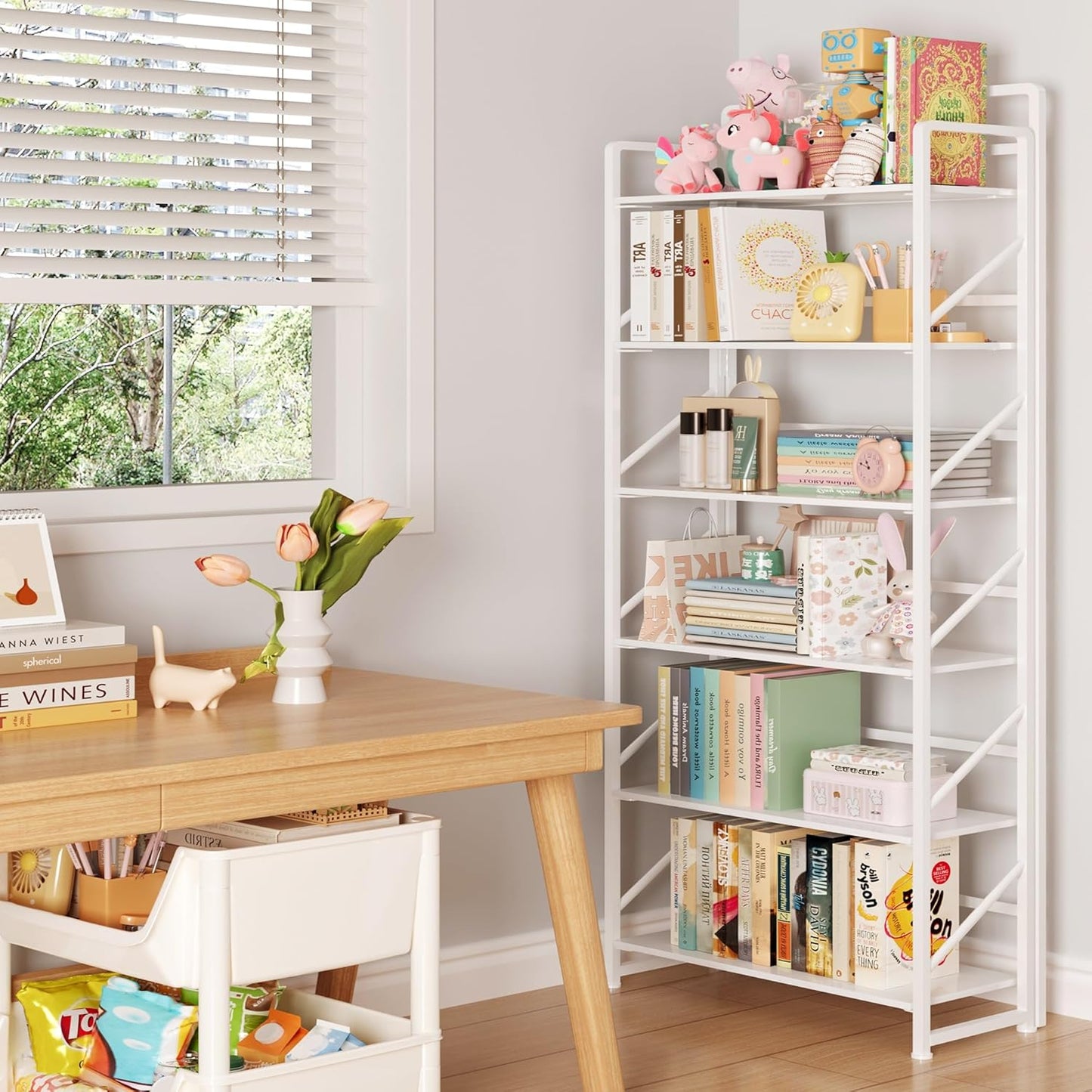 JSB No Assembly Folding Bookshelf, 6 Tier Industrial Metal Book Shelf for Storage, Vintage Wood Foldable Bookcase for Living Room, Bedroom, Office Organization Shelves