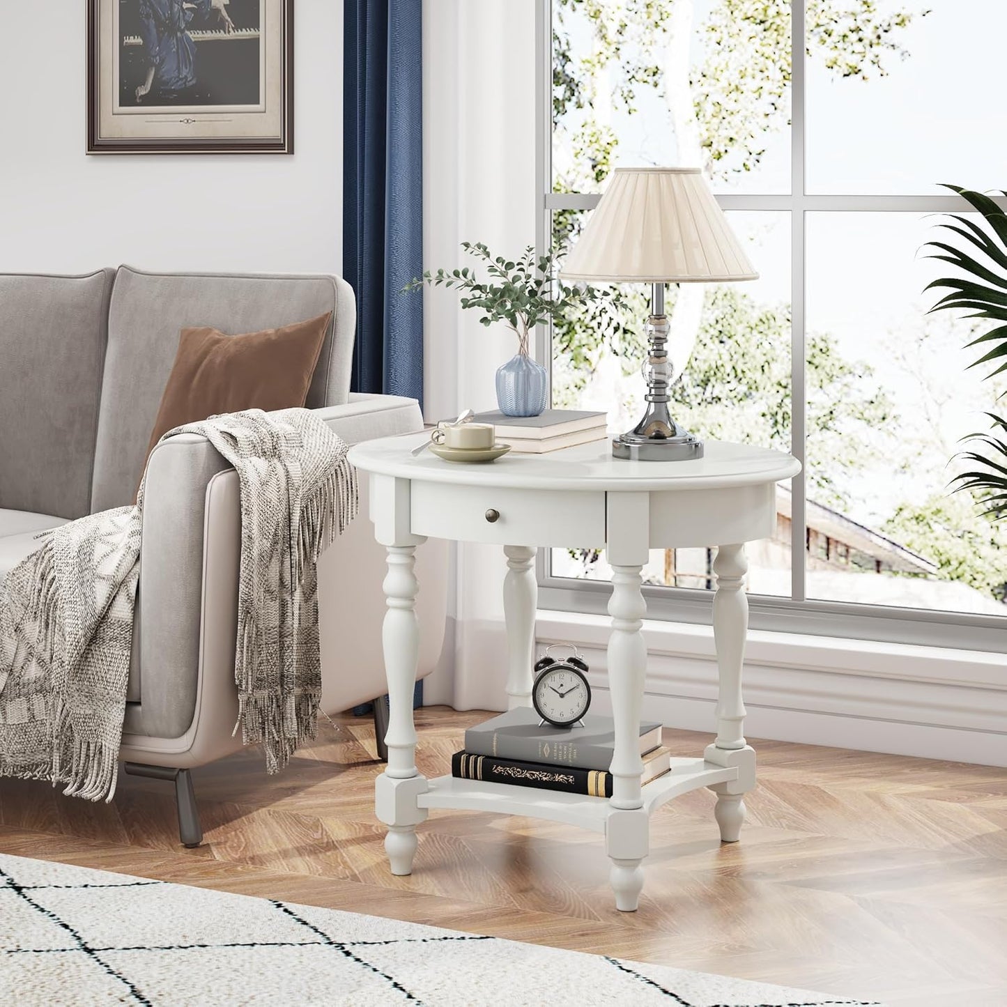 LEEMTORIG Oval Round End Table with Drawer, 2-Tier Solid Wood End Tables, Victorian Antique Nightstand Bedside Table for Bedroom, 28" W x 22" D x 24.2" H, Grey White (not Pure White), CJZ-2233-RW