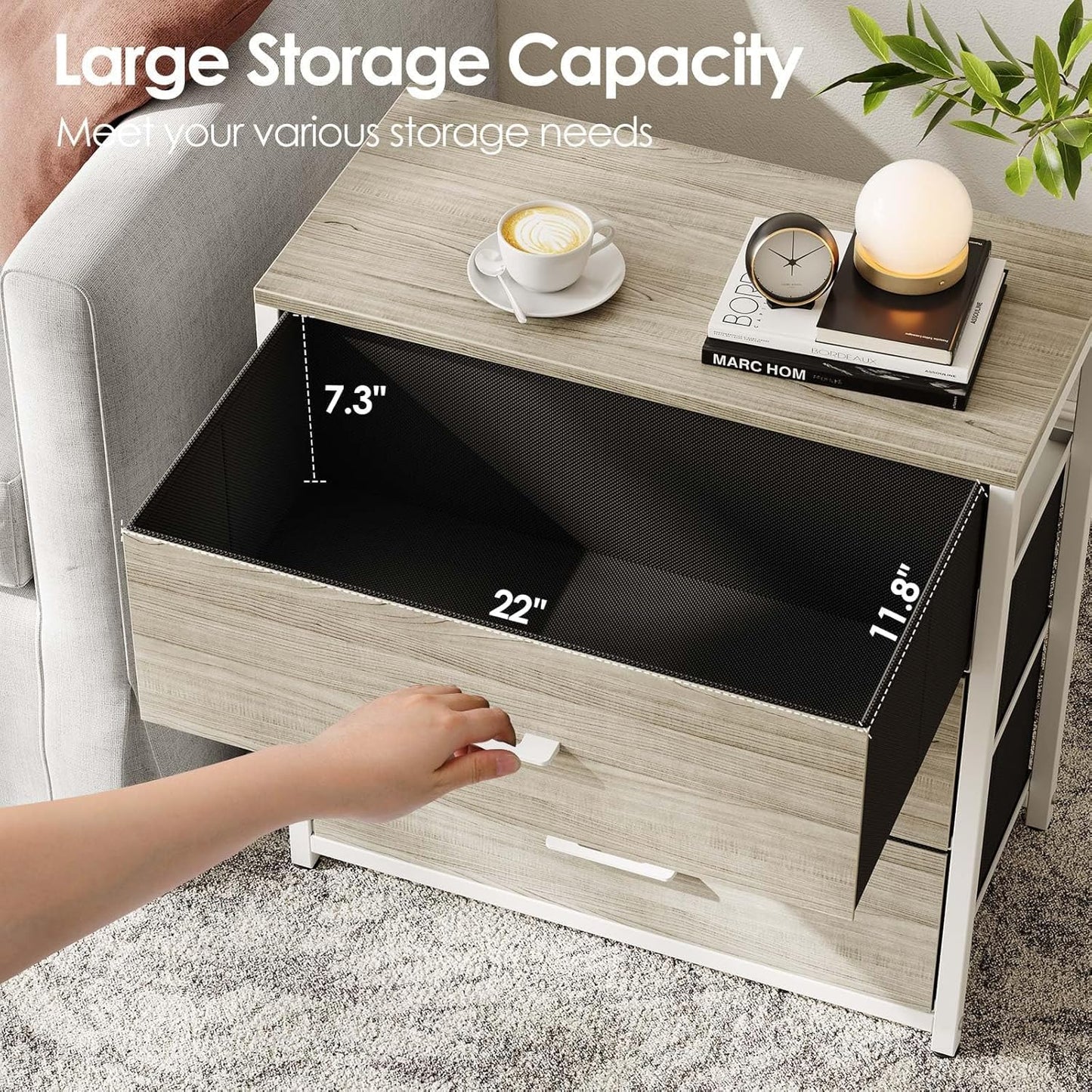 Nightstand, End Table, Bedside Table, Tall Fabric Dresser with 3 Drawer, White Drawers Small Chests of Drawers Organizer Storage Tower with Steel Frame, Wooden Top & Front for Bedroom