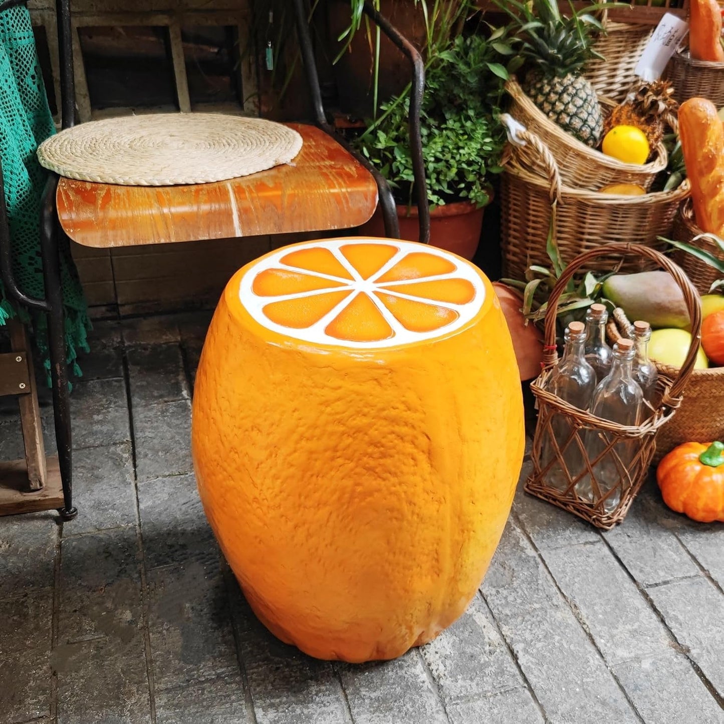 18" Orange Shaped Fruit-Inspired Side Table Orange Statue Indoor Outdoor Accent Seat Plant Stand MGO Garden Stool for Patio Balcony or Living Room Decor