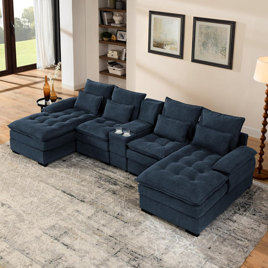 130" U-Shaped Sectional Sofa with Storage Console & Cup Holders, Upholstered 6 Seat Living Room Sleeper Couch Furniture Set w/Chaise, Cloud Cushion Couch for Home, Office, Apartment,Blue