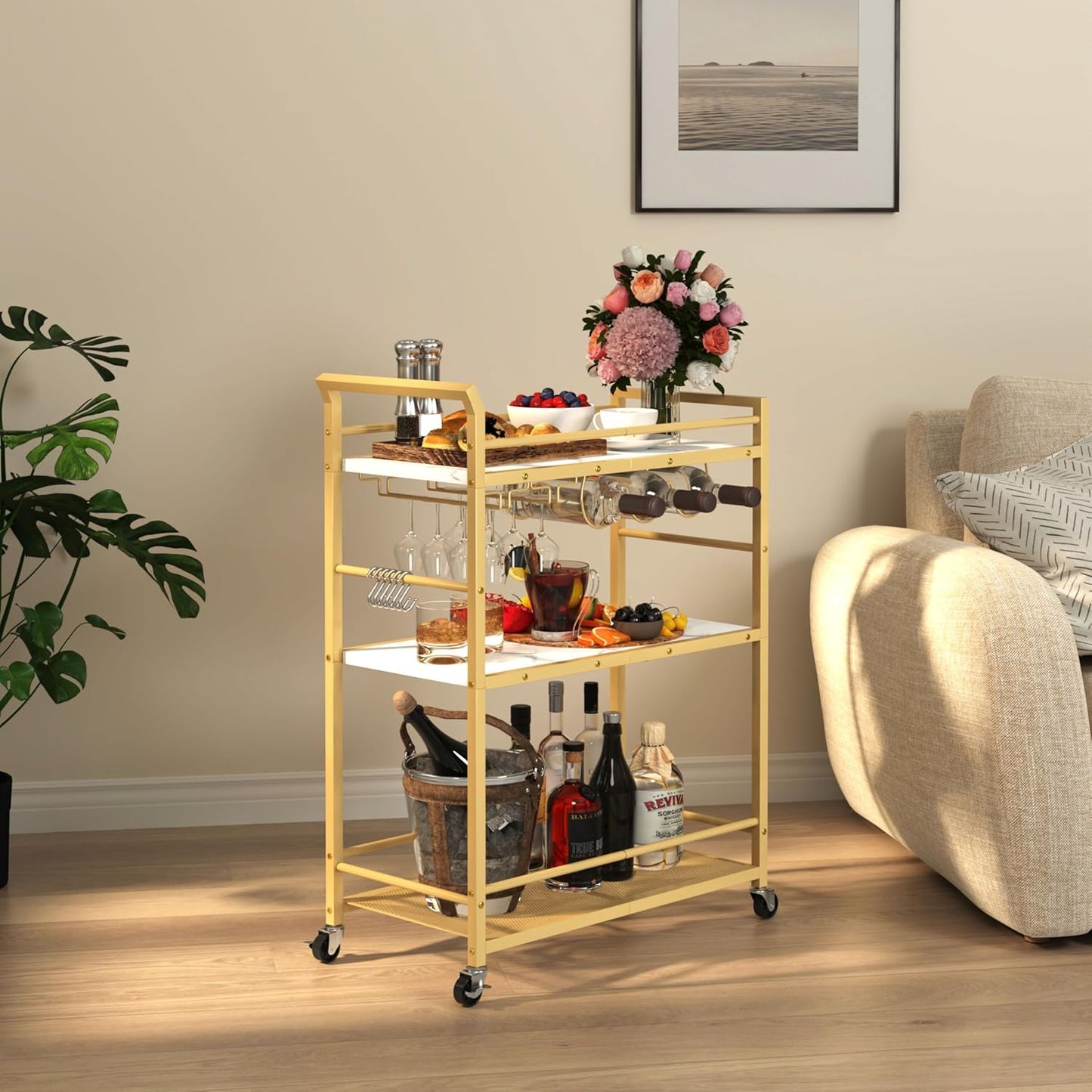3 Tier Bar Cart, Home Bar Serving Cart with Wheels, Small Rolling Beverage Cart with Glass Holders, Mini Drink Cart with Wine Rack for Kitchen Dining Living Room Gold GBC507G