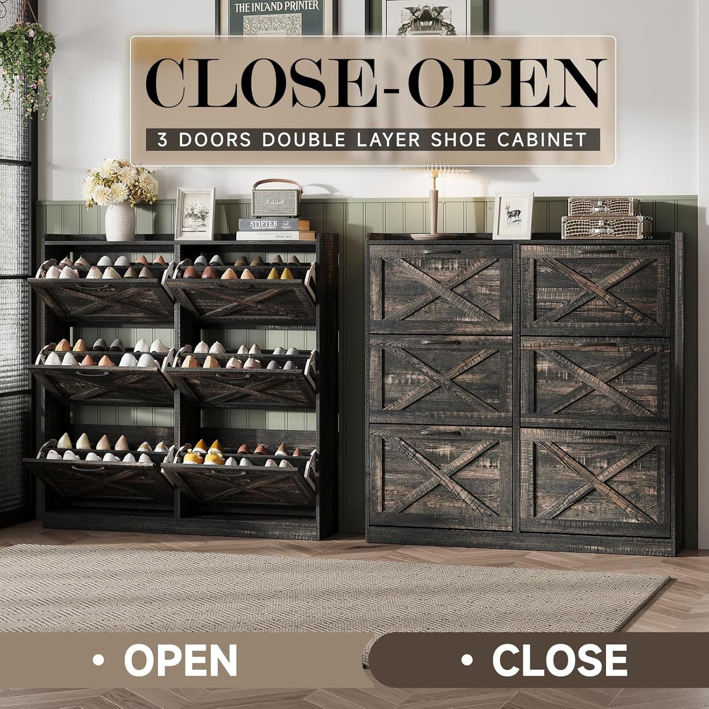 Maupvit Large Shoe Storage Cabinet with 6 Flip Drawers, Freestanding Shoe Organizer with Metal Handles for Entryway, Narrow Shoe Rack Cabinet, Dark Rustic Oak