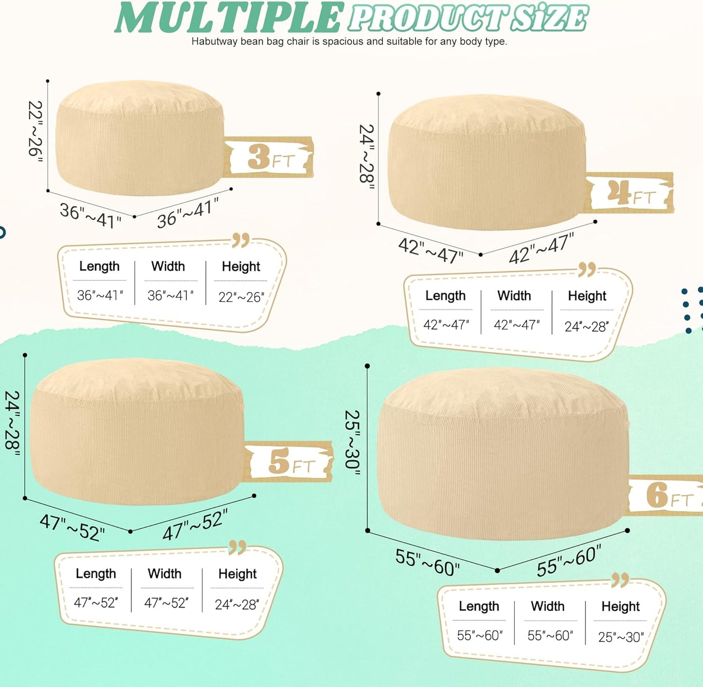 HABUTWAY 4FT Bean Bag Chair,Giant Bean Bag Chairs for Adults,Big Bean Bags with Memory Foam Filled, Large Beanbag Chairs with Soft Corduroy Cover-Khaki