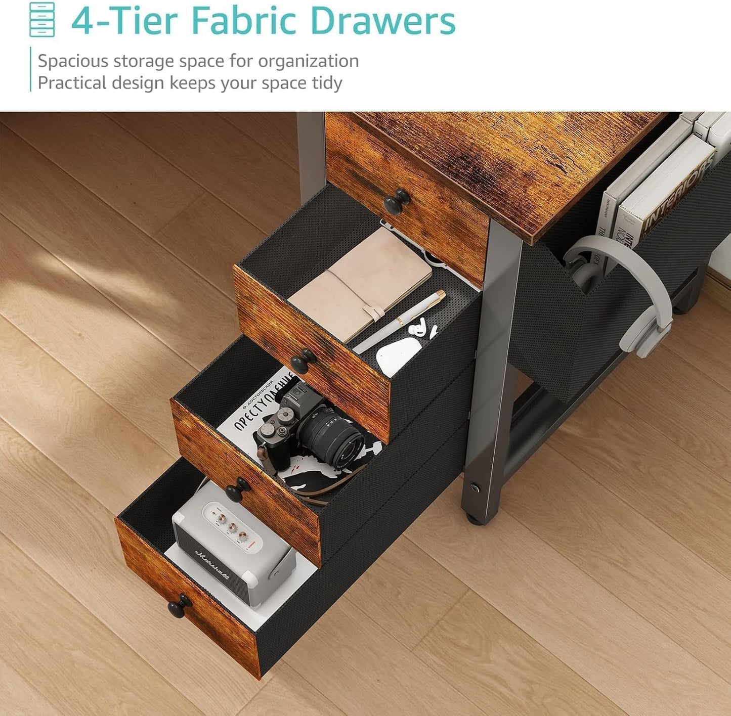 Lufeiya L Shaped Desk with Drawers & Storage Shelves, 47 Inch Small Reversible Corner Desk with Power Outlet for Home Office Bedroom, L-Shaped Gaming PC Computer Desks with Fabric Drawer, Rustic Brown