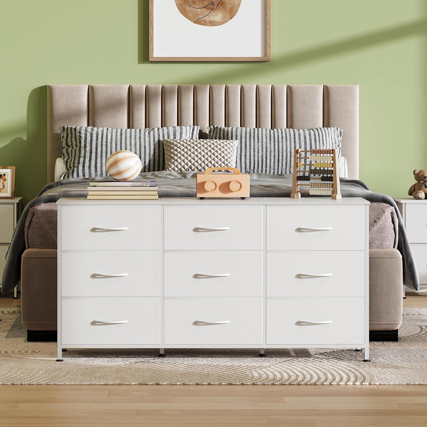 WLIVE 47''W Dresser for Bedroom, White Dresser TV Stand for 45, 50, 55 inch TV, Wide Chest of Drawers with 9 Drawer, Large Entertainment Center, Fabric Dressers with Wood Top for Closet, Living Room