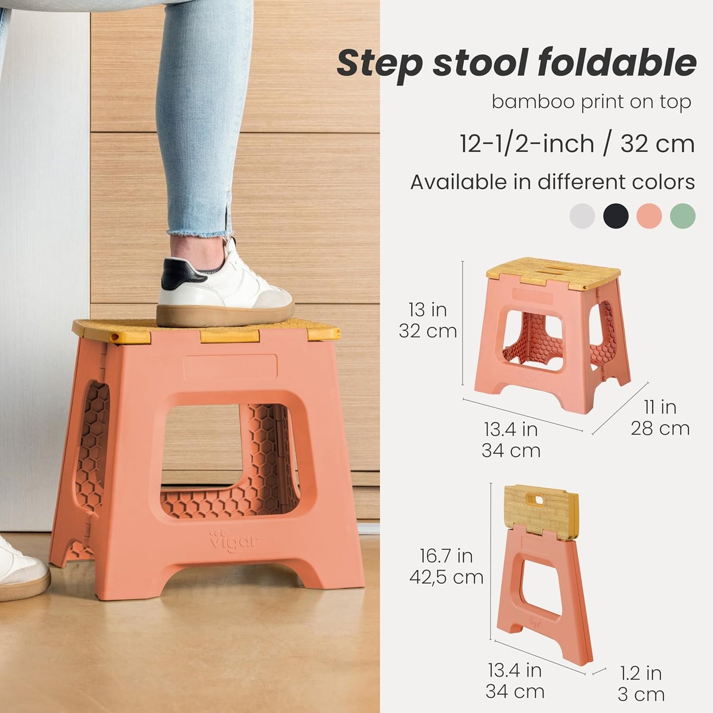 Vigar Compact Step Stool Foldable, 12-1/2-inch Step Stools for Adults up to 330 Pound, Lightweight Stool, Non-Slip Folding Step Stool, Sunrise Orange, Bamboo Print on Top