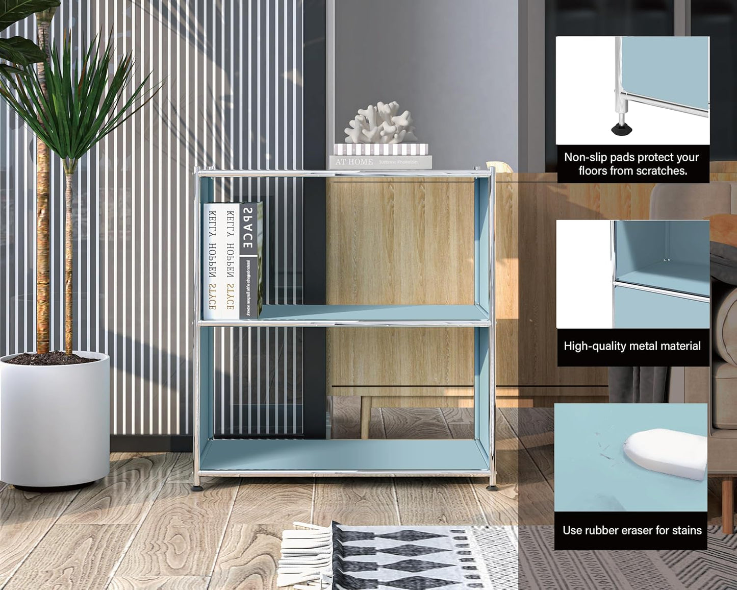 32-Inch 2-Tier Metal Bookcase, Open Shelf Storage Organizer for Living Room, Bedroom, Side Table or Nightstand Use, Modern DIY Assembly, Blue