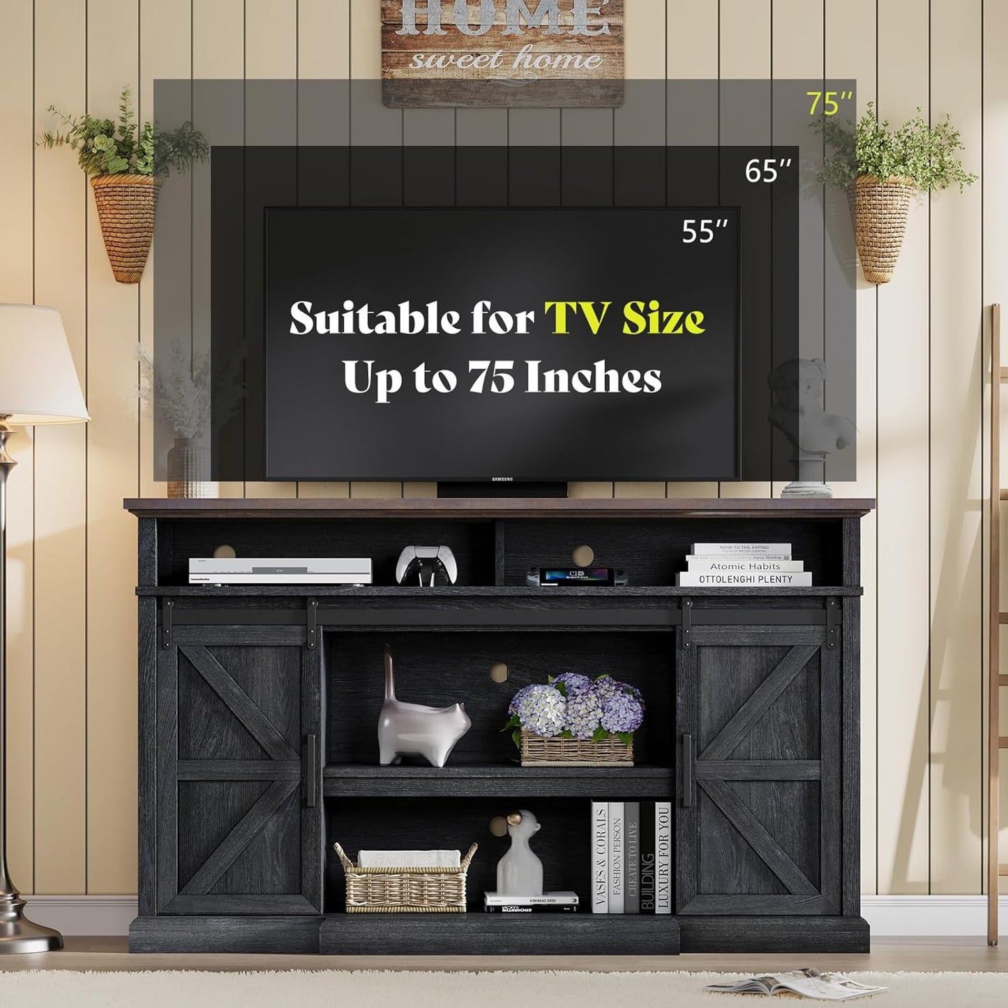 66" Farmhouse TV Stand with Sliding Barn Doors, 40" Tall Entertainment Center for 75 Inch TVs, Rustic Media Console Table Storage Cabinet w/Soundbar & Adjustable Shelves, Living Room, Dark Gray