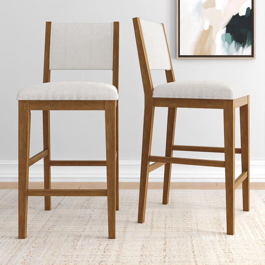 Plank+Beam Sereno Bar Stool, 30", Set of 2, Sturdy Wood Modern Kitchen Bar Height Stool, Upholstered Cushion Bar Chair with Back, Pecan/Ivory