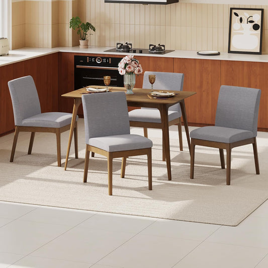 Dining Table Set for 4, Solid Rubberwood Upholstered Chairs, Mid-Century Modern Kitchen Furniture for Home, Dining/Living Room, Walnut+Gray