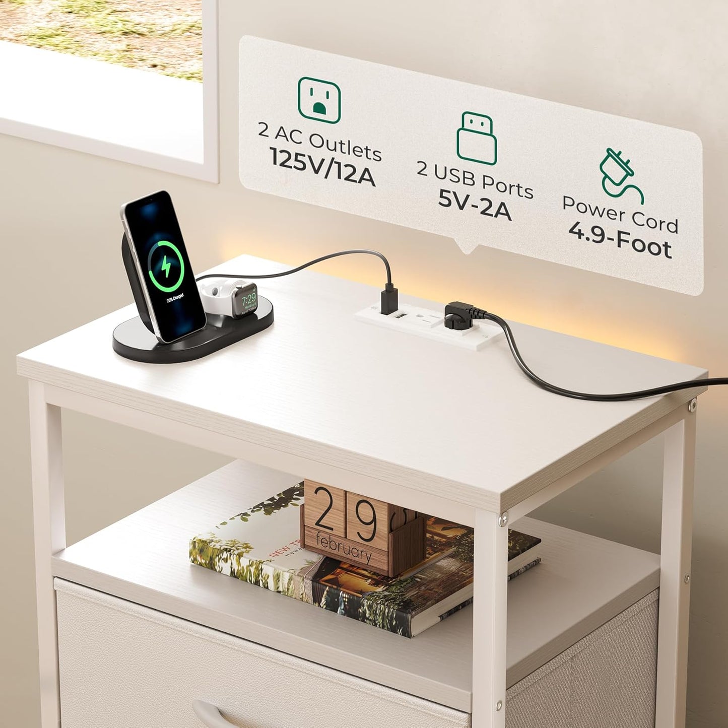 Huuger Night Stand with Charging Station, Multiple Drawer Dresser for Bedroom, Bedside Table, Tall Nightstand with PU Leather Finish, Open Shelf, End Table, for Closet, Entryway, Bedroom, White