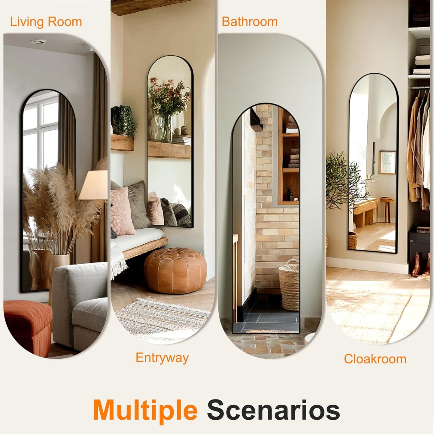 Arched Full Length Mirror, 56"x15" Standing Body Mirror for Wall, with Aluminum Alloy Frame for Bedroom, Living Room, Dressing Room(Black)