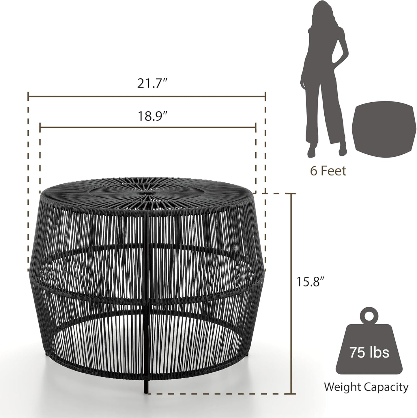 Muse & Lounge Co. Ysar Boho Rattan Round Coffee Table Outdoor with Metal Frame, All-Weather and Rust Resistant, Handcrafted Coastal Furniture for Patio, Poolside, Garden, Yard, Black