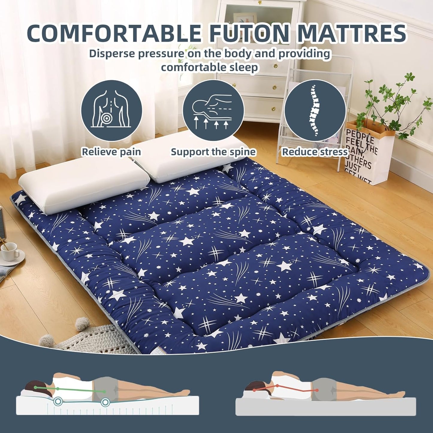 Bohemian Retro Japanese Floor Mattress, Vintage Floral Tatami Floor Mat, Portable Roll up Futon Mattress for Guest,Tavel (Starry,Queen80 X 60")