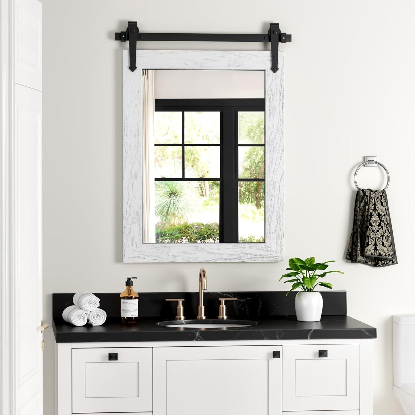 Bathroom Mirror for Over Sink 18”x24” Farmhouse Barn Door Mirror Rustic Wood Framed Wall Mirror for Bathroom, Bedroom, Entryway (White