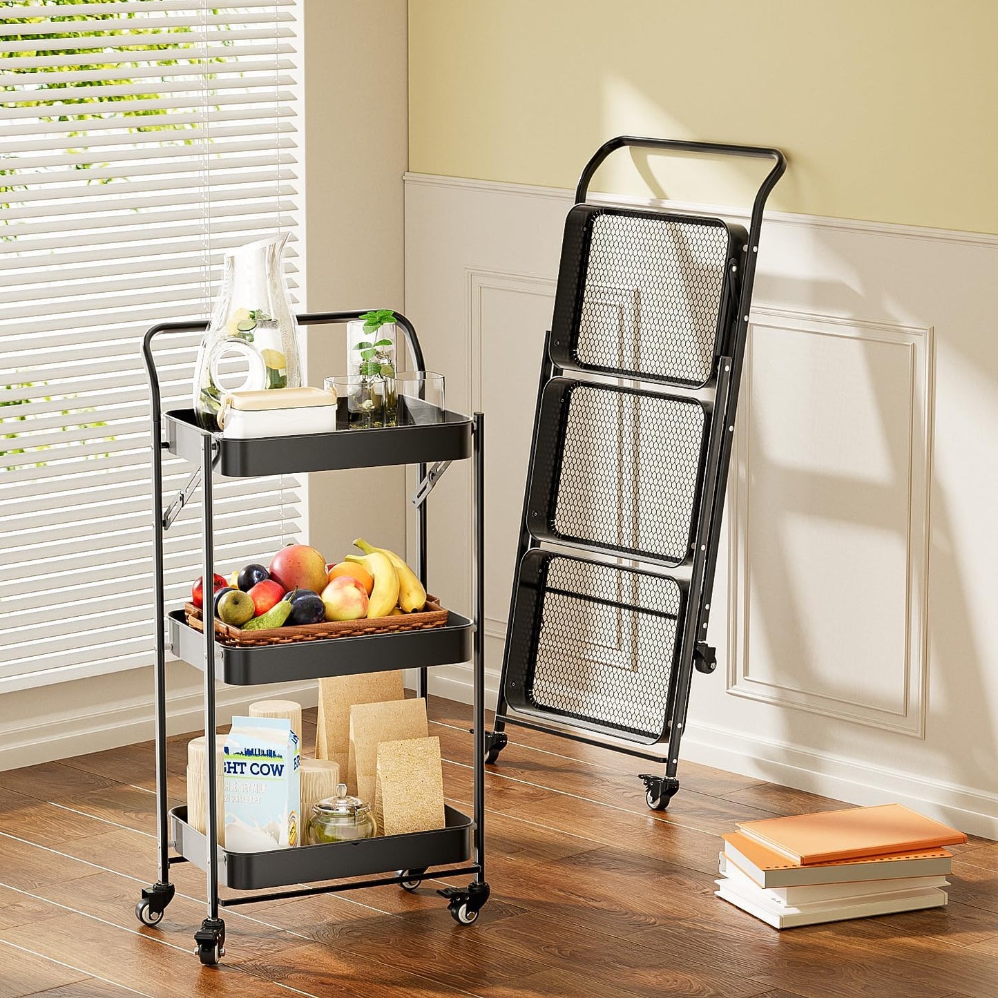 JAQ Foldable Rolling Cart, 3-Tier Metal Folding Storage Utility Carts Basket Rack with Removable Handle on Wheels for Snacks Books Fruits for Kitchen Dorm Pantry Bathroom - (Black, 3-Layer)