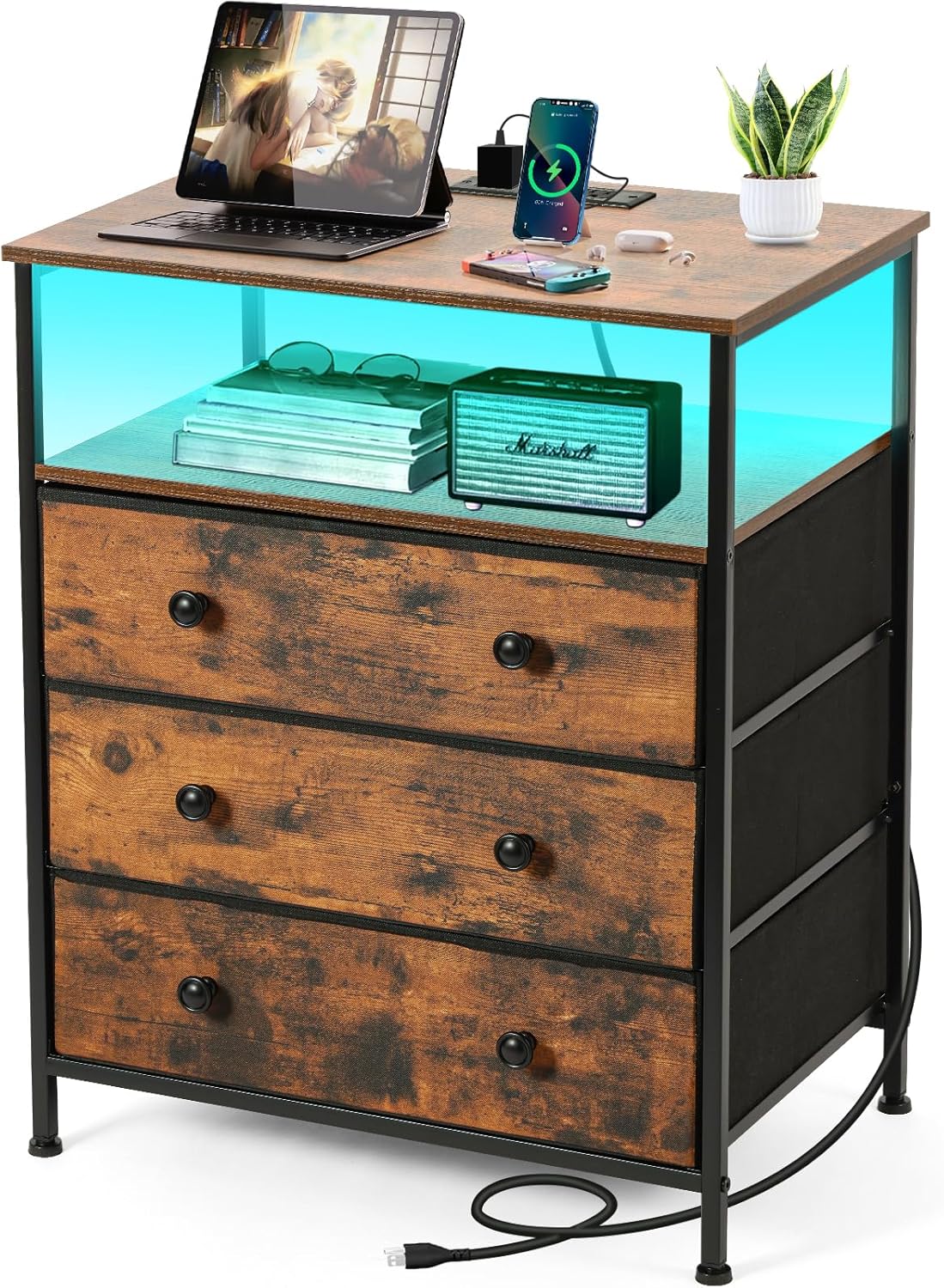 3 Drawers Dresser with Charging Station, 24 Inch Wide LED Night Stand with Adjustable Fabric Drawer, Nightstand with Storage Shelf for Living Room/Bedroom/Office, Rustic Brown.