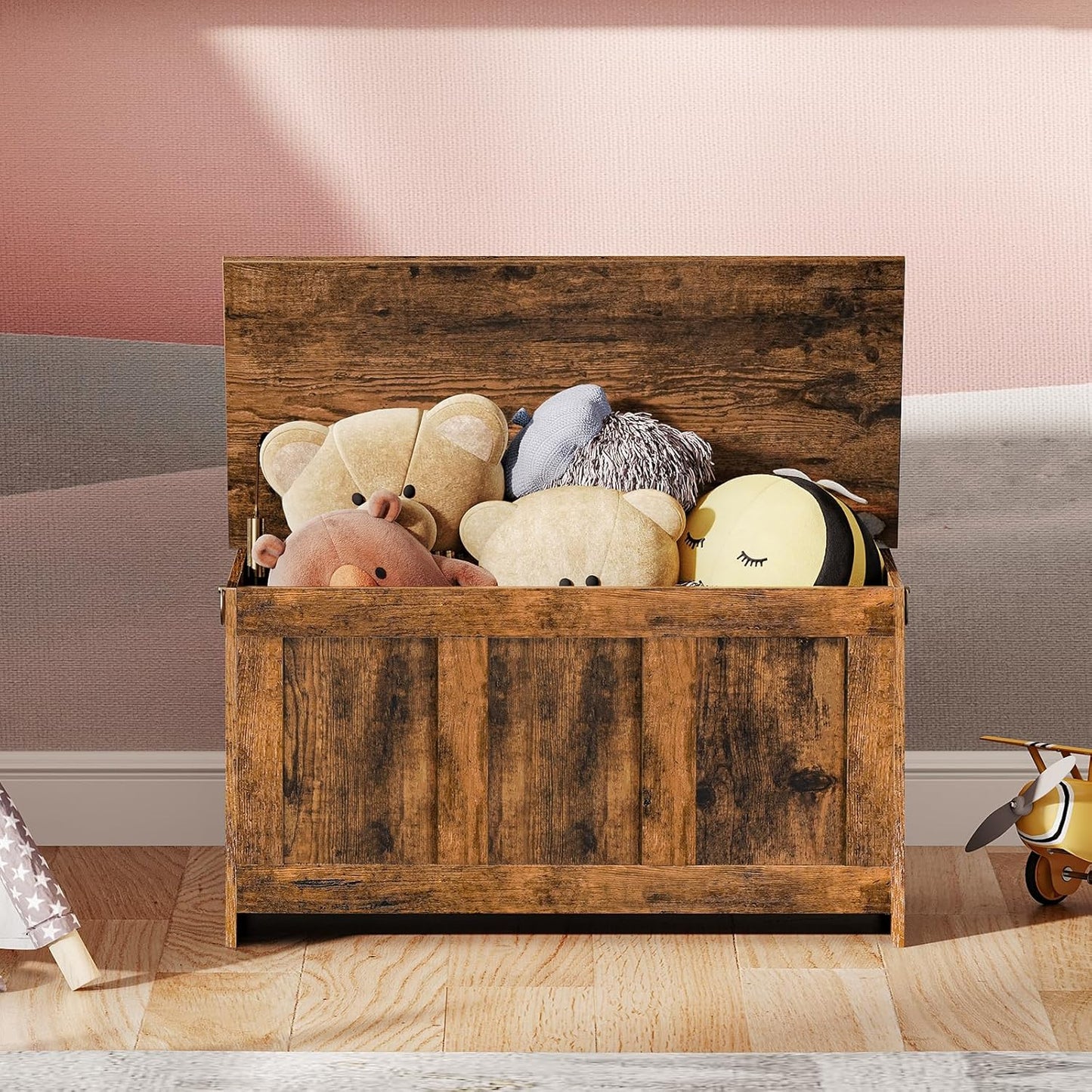 HOOBRO Storage Bench, 29.5" Retro Wooden Storage Chest, Wooden Storage Trunk, Toy Chest with Lift Top, Multifunctional Entryway Organizer, for Entryway, Living Room, Rustic Brown FG751CW01