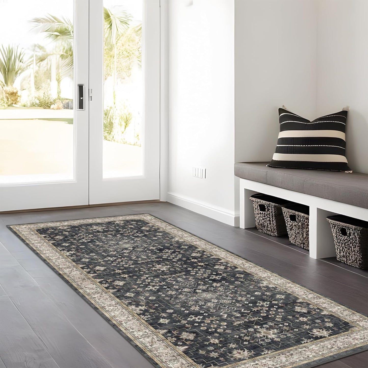 Black Boho Washable 3x6 Large Kitchen Runner Rug, Indoor Entryway Home Office Floor Rug, Non-Slip Stain & Fade Resistant, Vintage Floral Decor