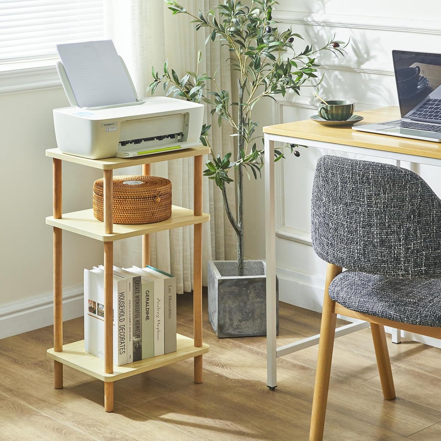 IBUYKE 3-Tier Side Table, Solid Wood Tall End Table with Storage Shelves, Nightstand Bedside Table for Living Room Bedroom Office, No-Tool Assembly, Light Natural UWST003S